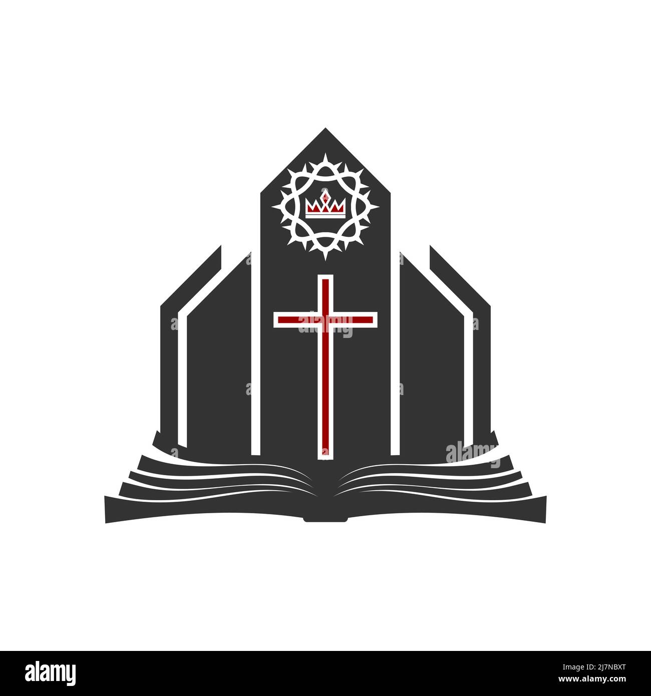 Christian illustration. Church logo. The cross of the Lord Jesus Christ against the background of the building, a crown of thorns on top, an open bibl Stock Vector