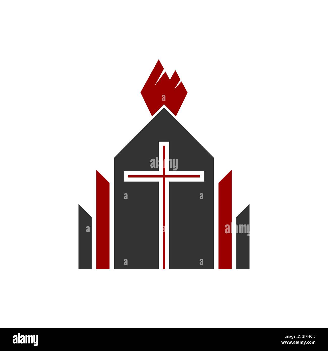 Christian illustration. Church logo. The cross of the Lord Jesus Christ on the background of the building, from above the flame of the Holy Spirit. Stock Vector