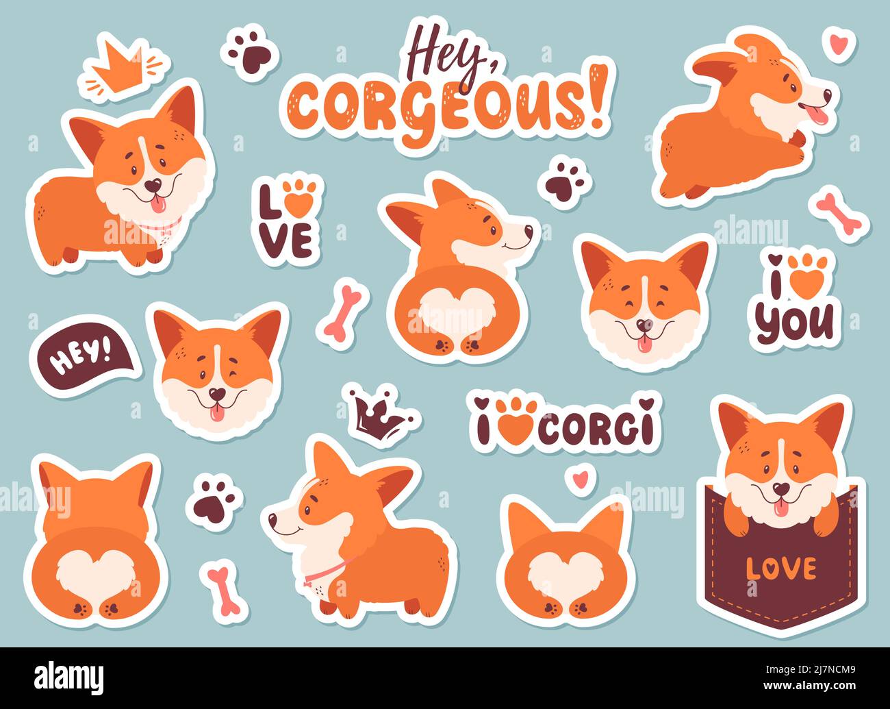 Corgi sticker set. Funny puppies, hand drawn lettering and other elements - bone, crown, footprint. Different poses, back view of cute butt. Vector. Stock Vector