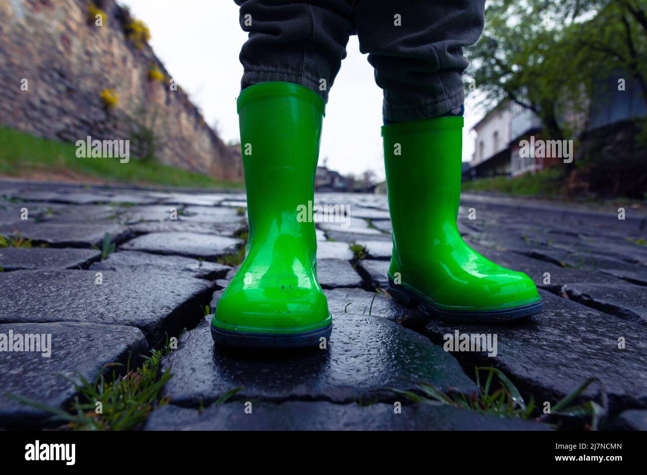 A small child in green rubber boots stands on a paved road. Photo of a child's feet in rubber shoes on the pavement after rain. Stock Photo