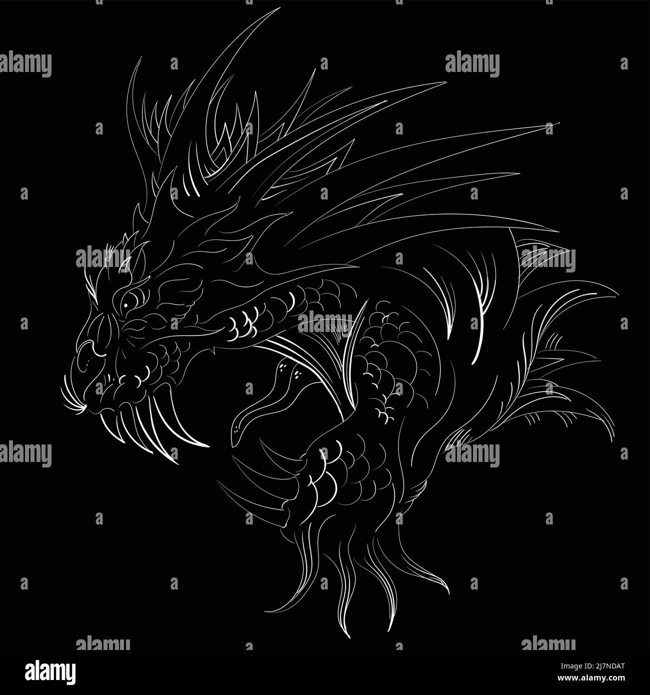 The Vector logo dragon or dinosaur on black cloth for T-shirt print  design or outwear.  Hunting style reptile background. This drawing would be nice Stock Vector