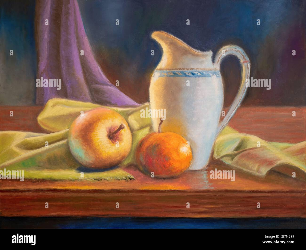 Still life with fruit, a pitcher and some drapery. Traditional painting on paper. Stock Photo
