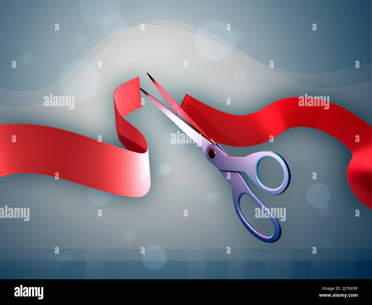 Scissors cutting a red ribbon for an inauguration ceremony. Digital illustration. Stock Photo