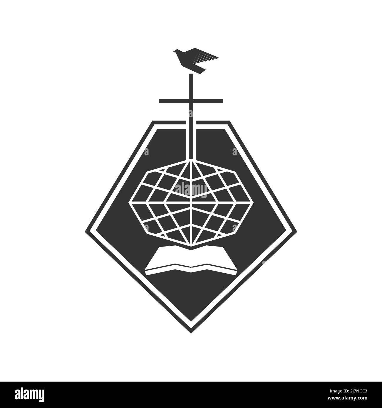 Christian illustration. Church logo. The cross of Jesus against the backdrop of a globe and an open bible, on top of a dove - a symbol of the Spirit. Stock Vector