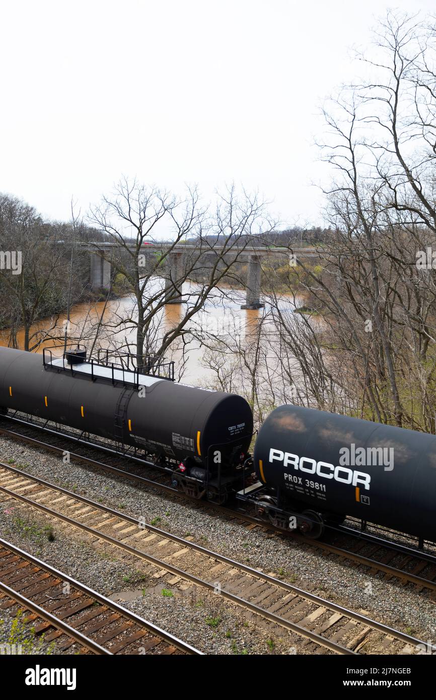 Freight train with tanker rail cars. Hamilton Ontario Canada Stock