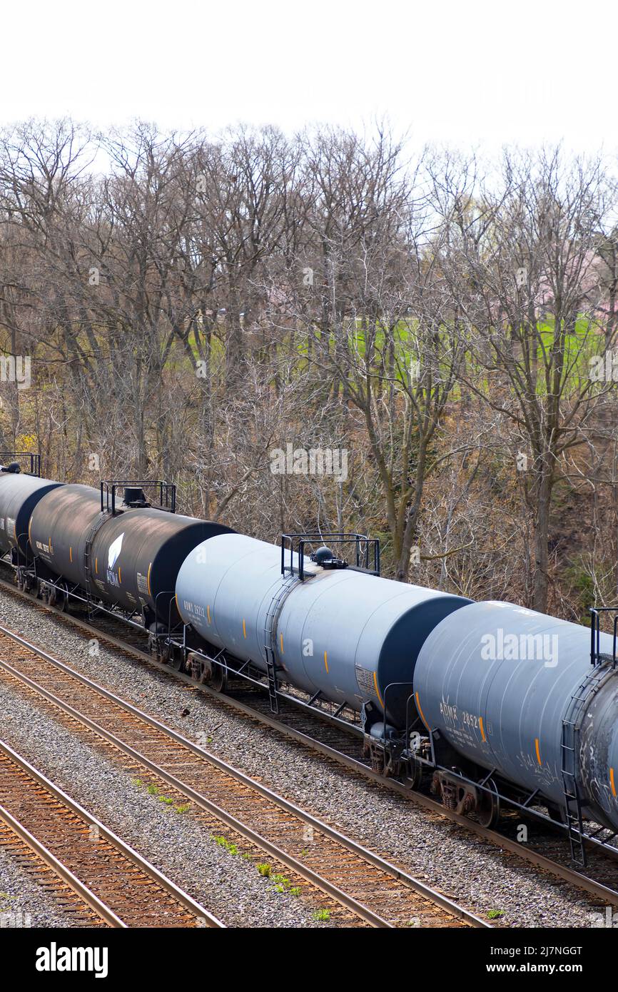 Freight train with tanker rail cars. Hamilton Ontario Canada Stock