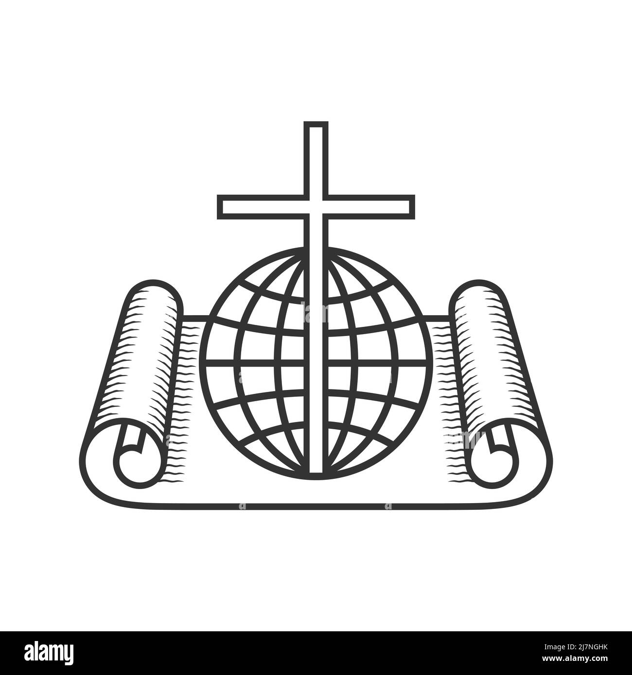 Christian illustration. Church logo. Scroll of Scripture, cross and globe. Stock Vector