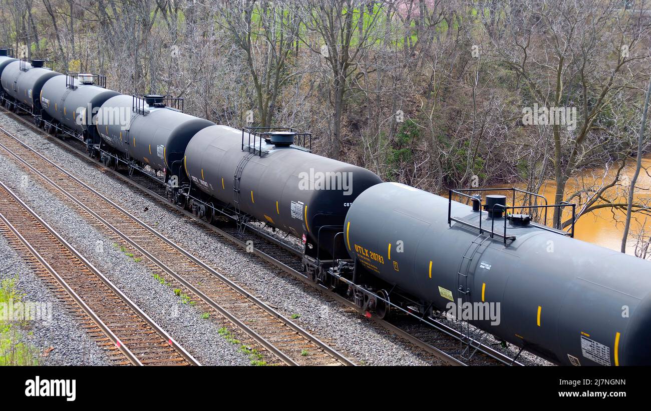 Freight train with tanker rail cars. Hamilton Ontario Canada Stock