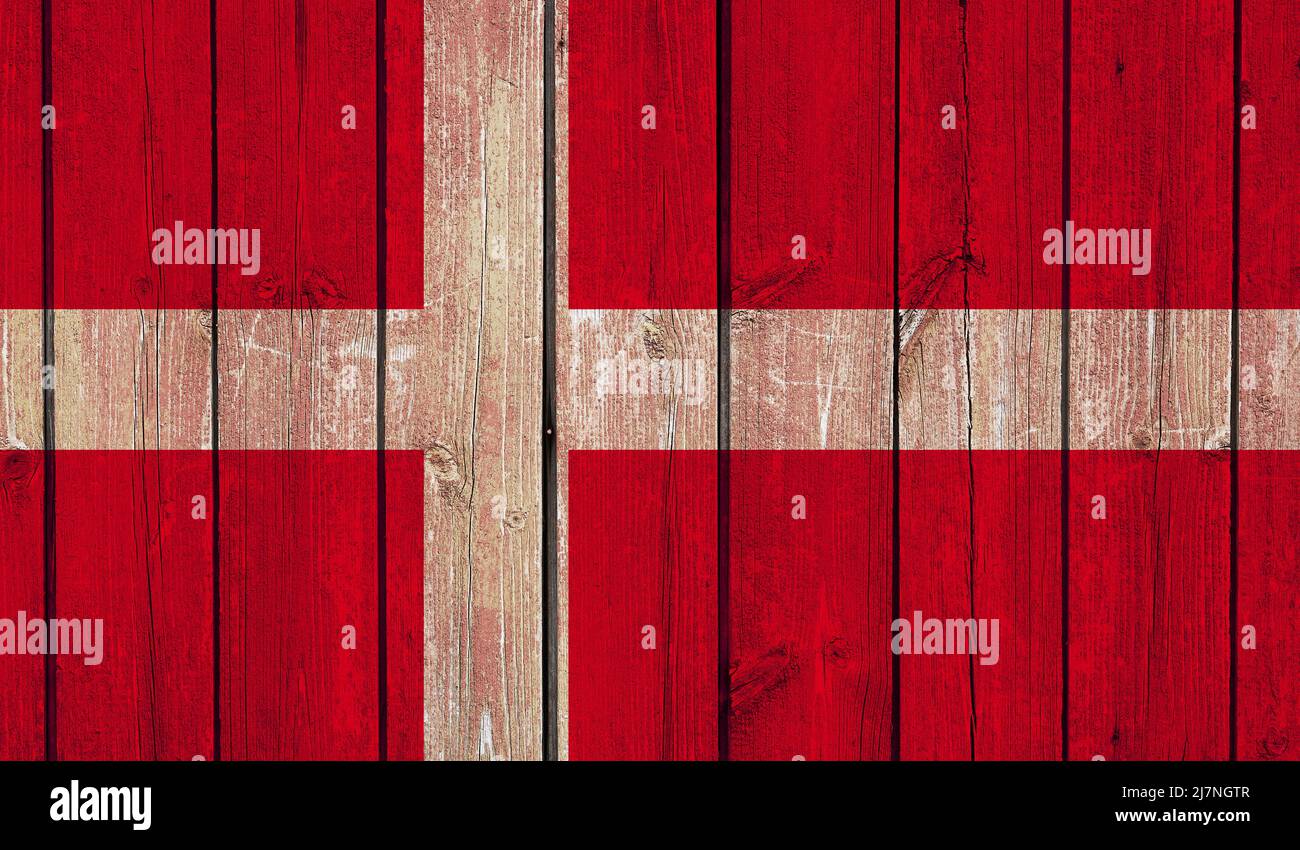 Top view of Old Painted Flag of denmark on Dark Wooden Fence, wall ...