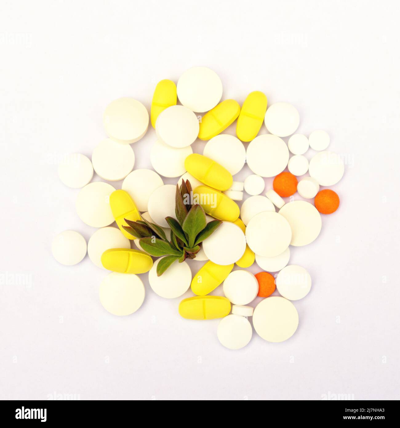 Pills with sprigs of plants on a white background Stock Photo