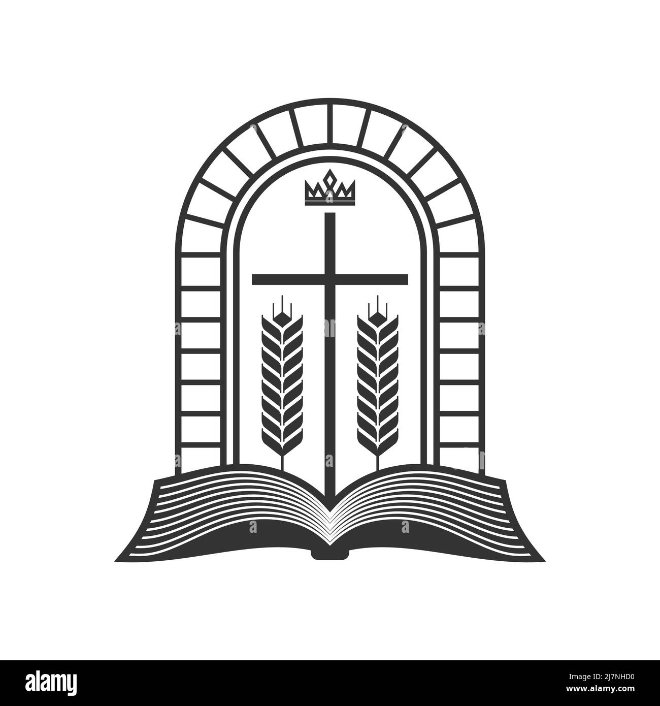 Christian illustration. Church logo. Open bible, ripe ears of corn and the cross of Jesus. Stock Vector