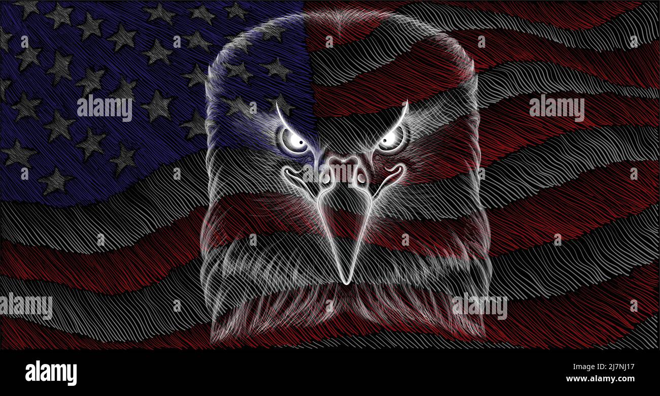 The Vector logo eagle on US flag for tattoo or T-shirt design or outwear.  Hunting style raven background. This hand drawing is for black fabric or ca Stock Vector