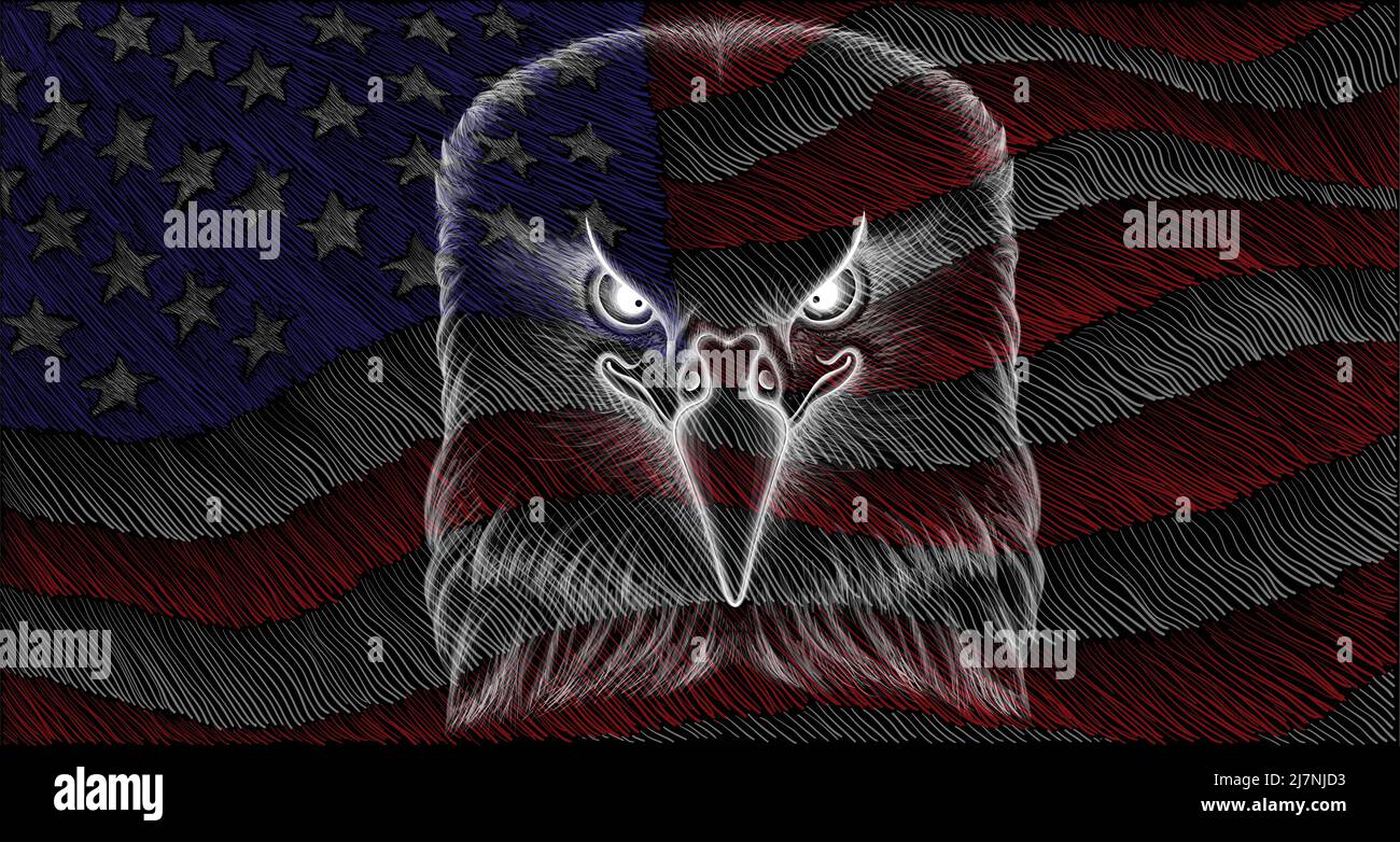 The Vector logo eagle on US flag for tattoo or T-shirt design or outwear.  Hunting style raven background. This hand drawing is for black fabric or ca Stock Vector