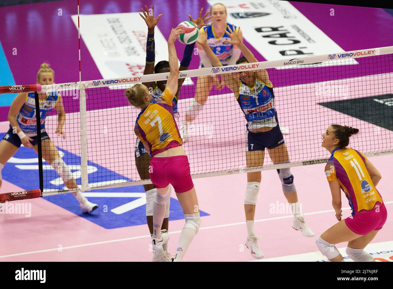 Monza, Italy. 10th May, 2022. Spike of LISE VAN HECKE (Vero Volley Monza) during Play Off Vero