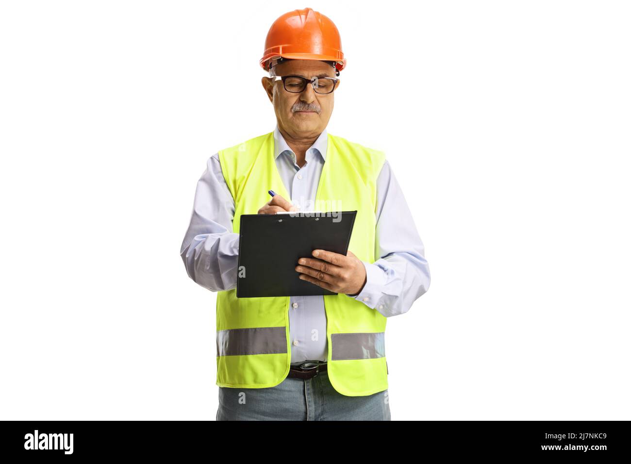 Engineer Adult Mature male engineer with a safety vest writing a document isolated on ...