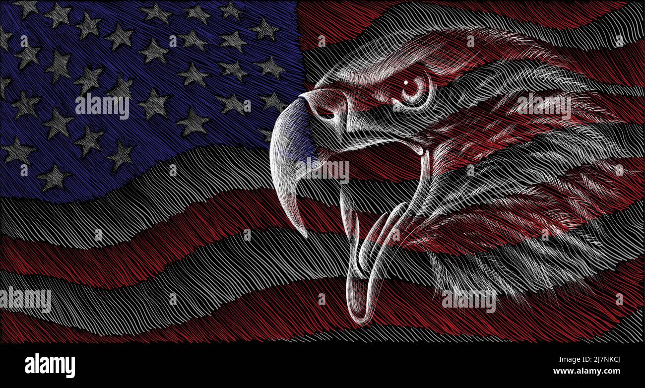 The Vector logo eagle on US flag for tattoo or T-shirt design or outwear.  Hunting style raven background. This hand drawing is for black fabric or ca Stock Vector