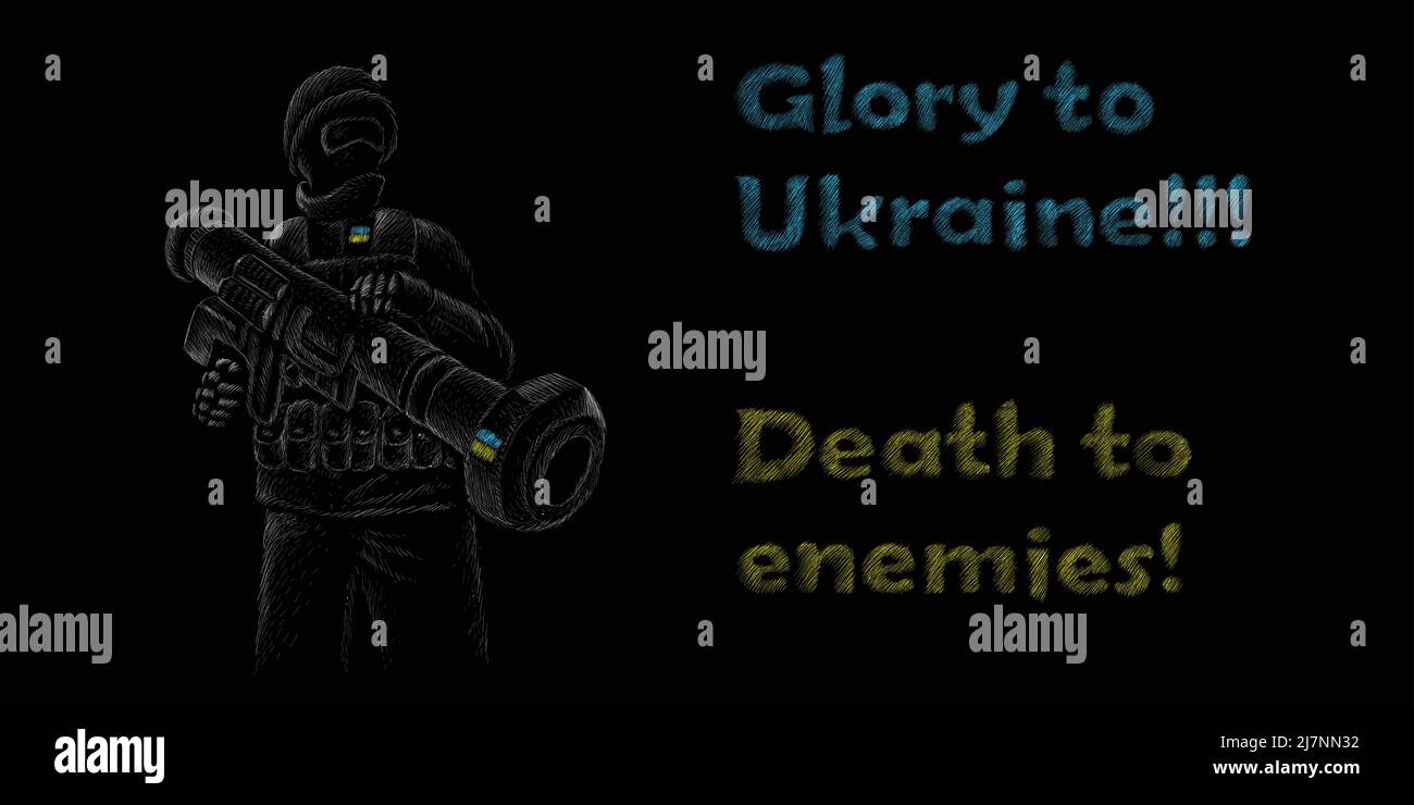 Ukrainian soldier 2022 with a grenade launcher Javelin rocket launcher in the civil war with the Russian Federation. Ukraine will win !!! Glory to Ukr Stock Vector