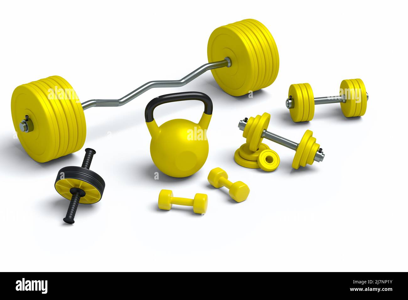 Isometric view of sport equipment like kettlebell, dumbbell, barbell
