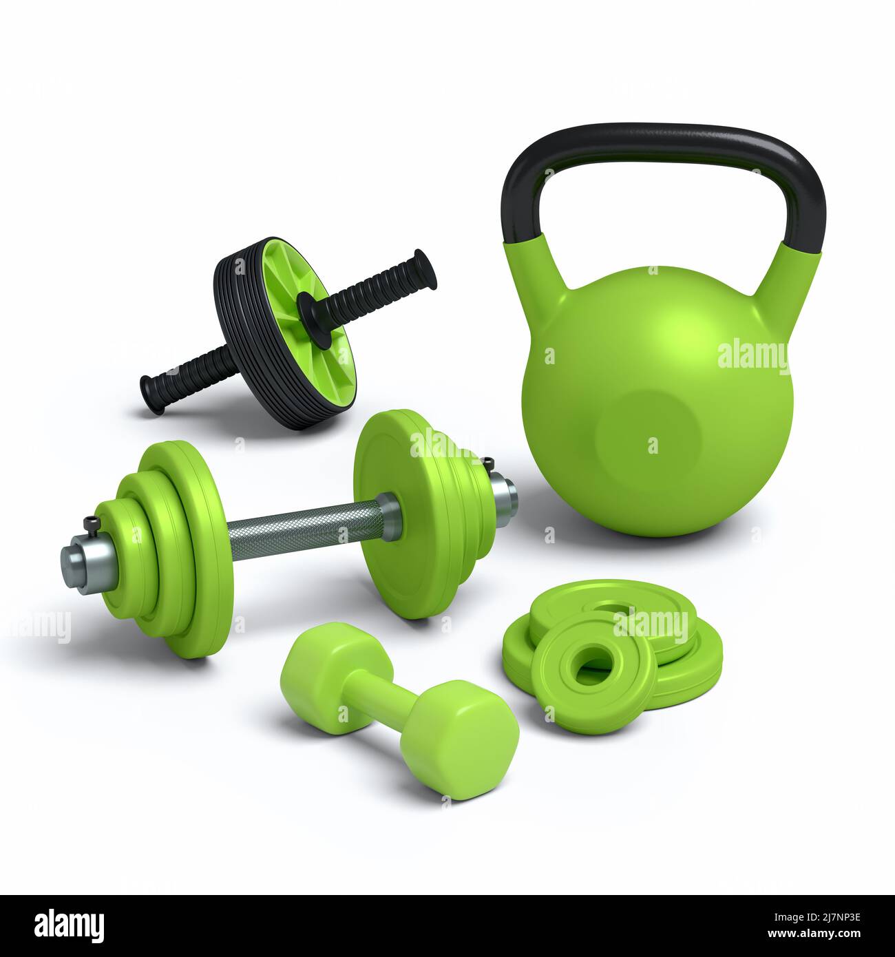Isometric view of sport equipment like kettlebell, dumbbell and AB