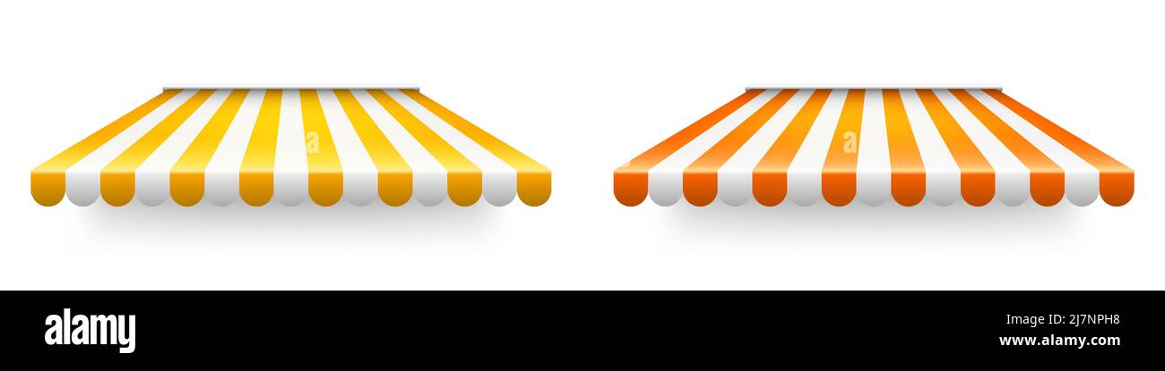 Yellow shop sunshade isolated on white background. Realistic striped ...