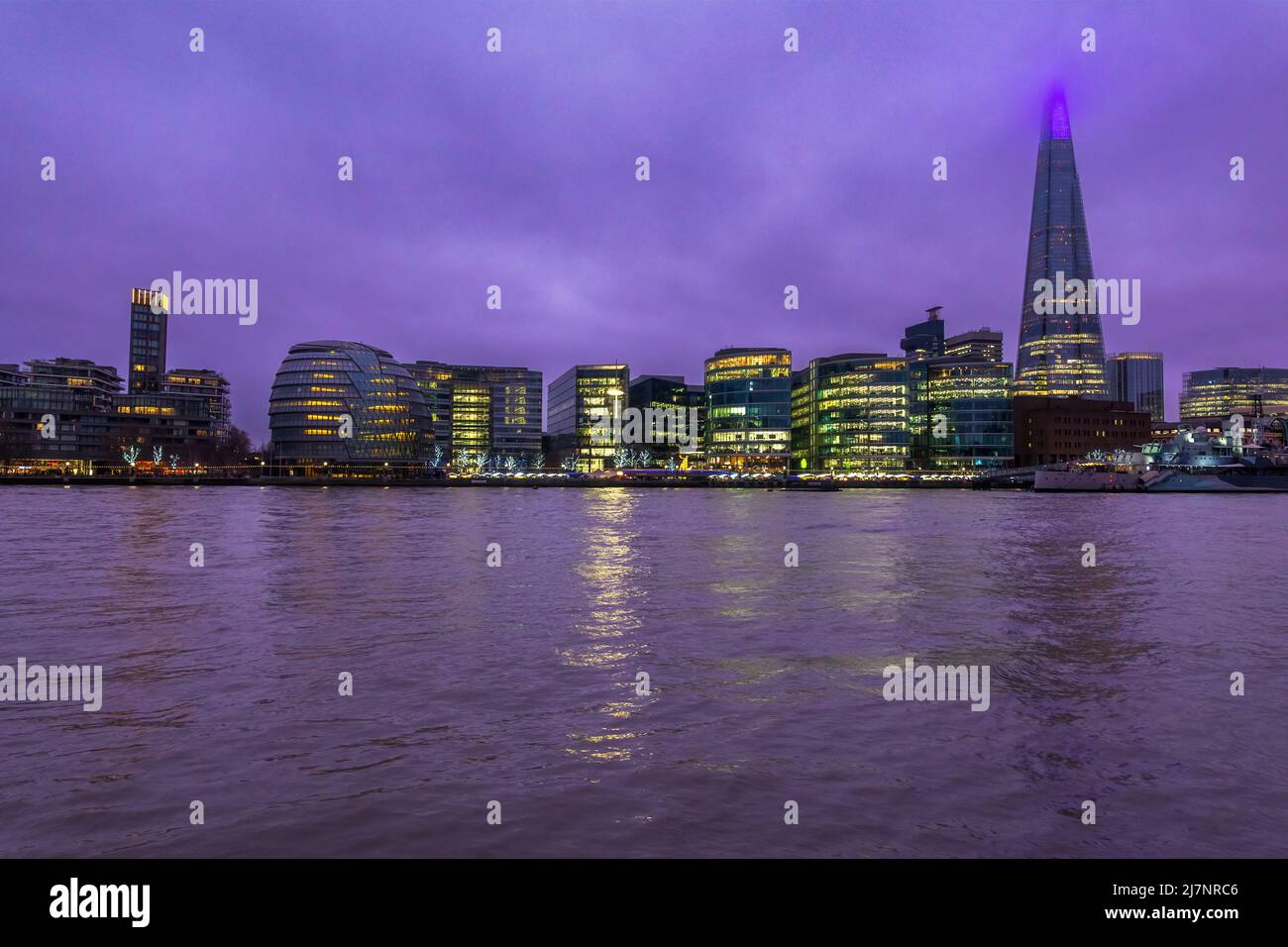 The London South Bank skyline including the Shard at night Stock Photo