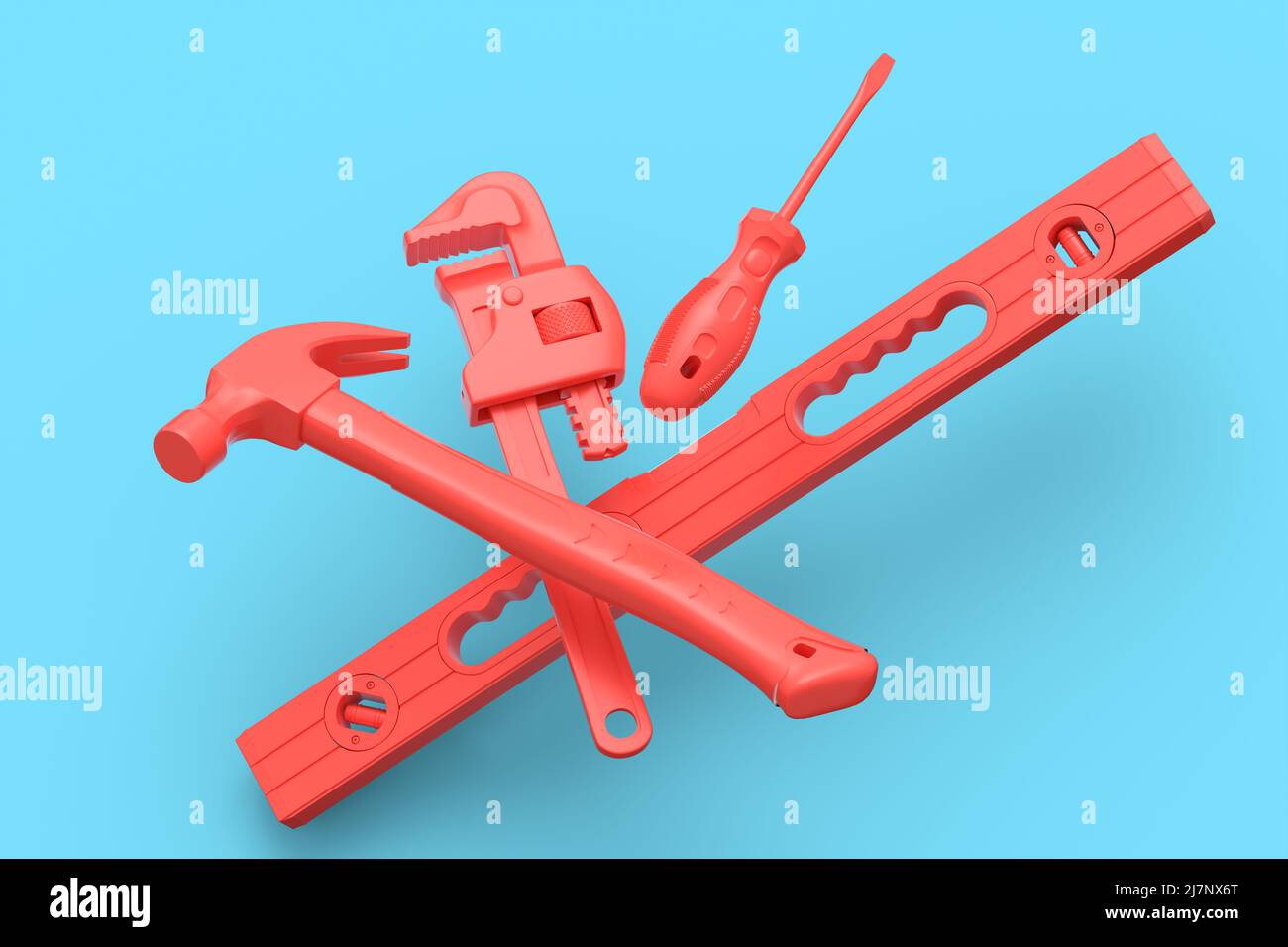Flying view of red construction tools for repair and installation on ...