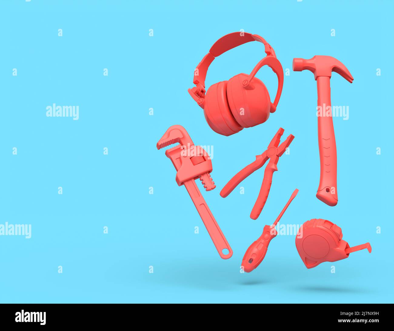 Flying view of red construction tools for repair and installation on ...
