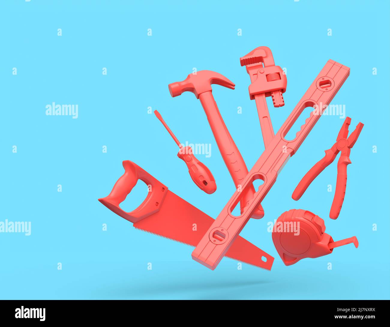 Flying view of red construction tools for repair and installation on ...