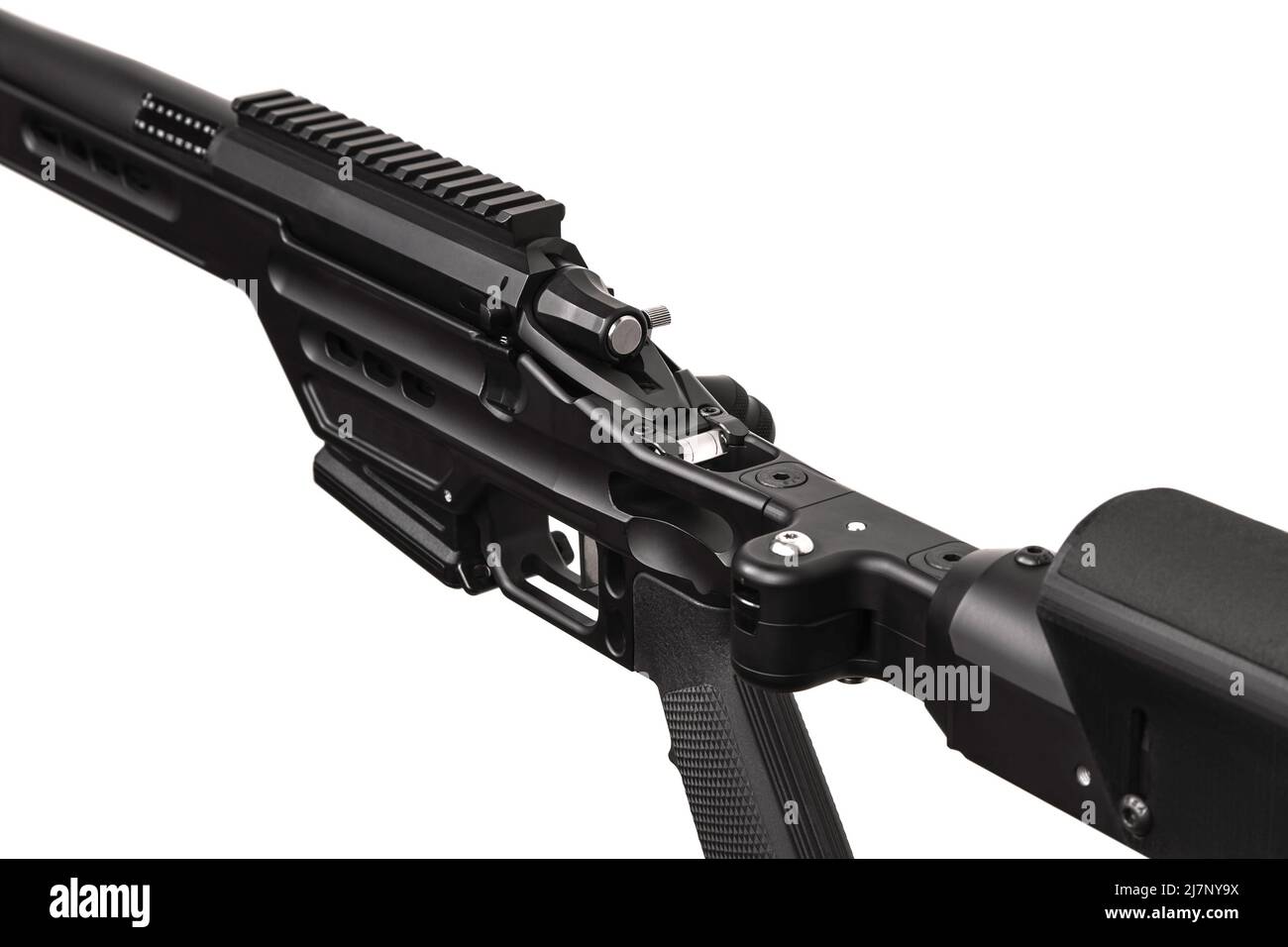 Modern powerful sniper rifle. Weapons for long-range shooting. Isolate on a white background. Stock Photo