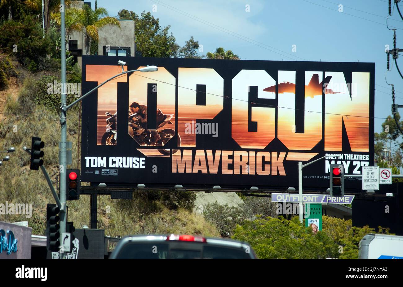 Billboard promoting the movie Top Gun Maverick with Tom Cruise on the Sunset Strip in Los Angeles, CA Stock Photo