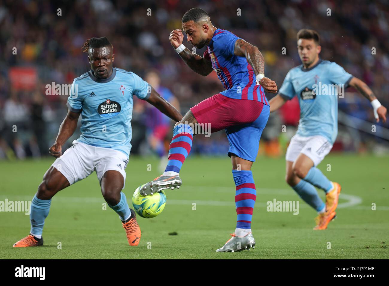 Barcelona, Spain. 10/05/2022, , Memphis Depay of FC Barcelona <in action during the Liga match between FC Barcelona and  Real Celta de Vigoat Camp Nou in Barcelona, Spain. Stock Photo