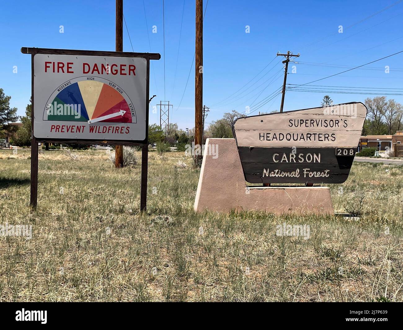 A sign shows extreme fire danger in the Carson National Forest which is near the Hermits Peak