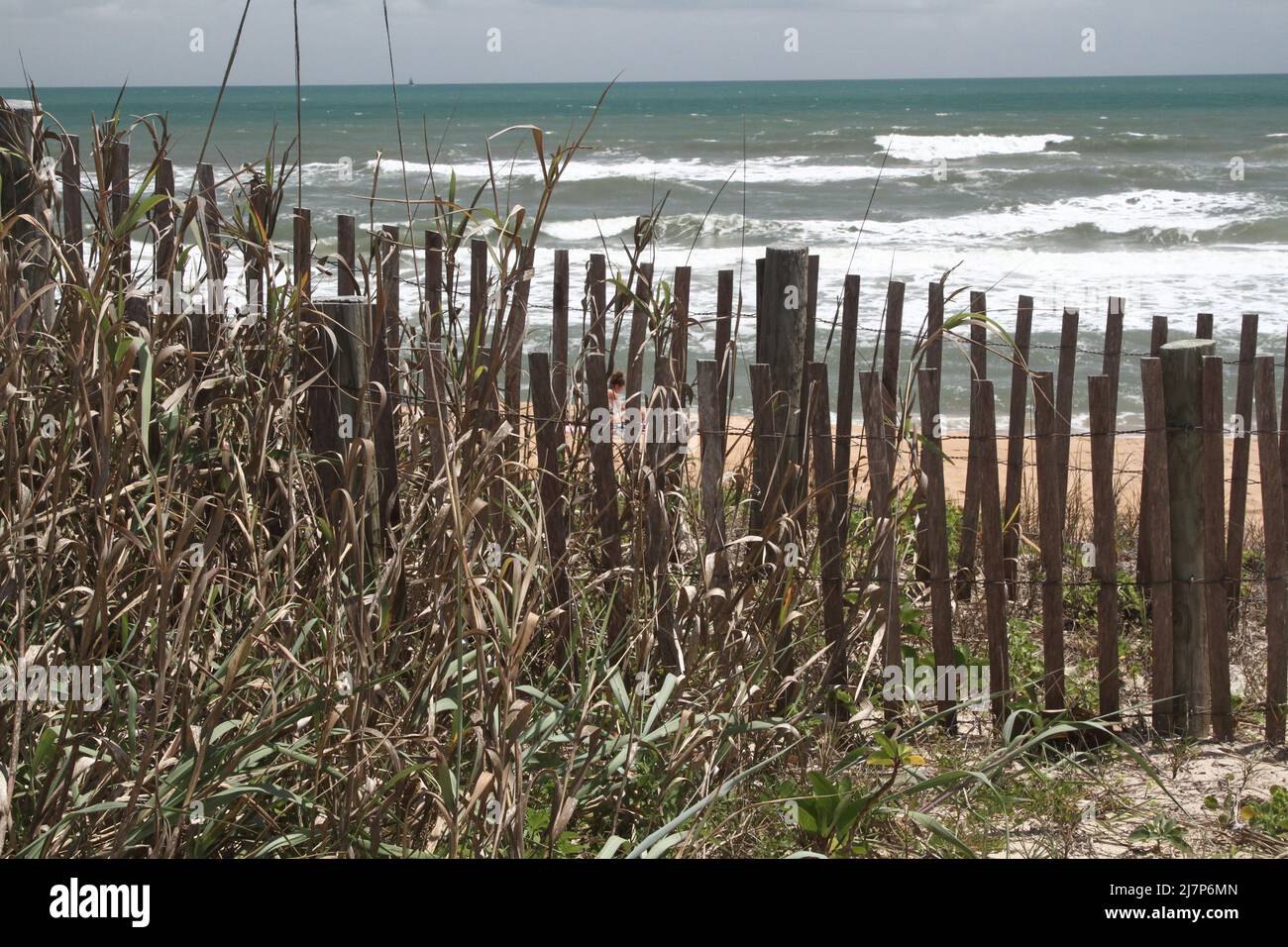 Beach fence on dunes with view of ocean waves Stock Photo