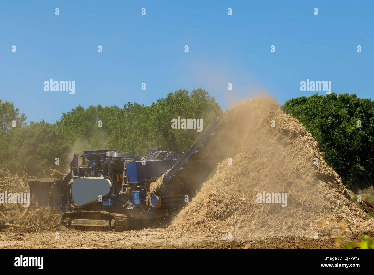 Construction site with work wood chipping machine the chipper process Stock Photo