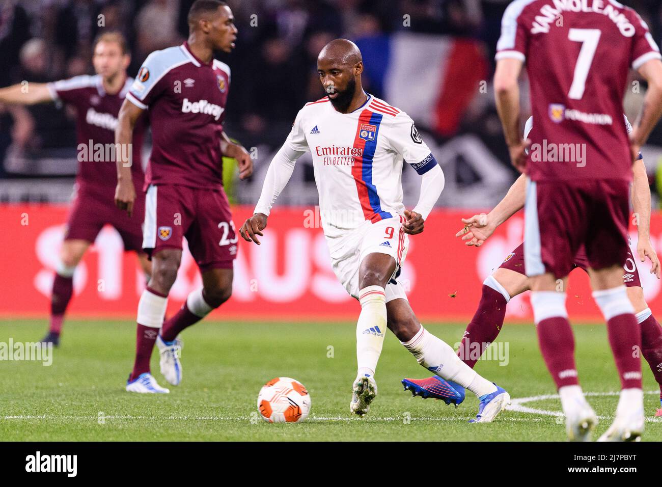 LYON, FRANCE - APRIL 14: Moussa Dembele of Lyon (C) in action during the UEFA Europa League Quarter Final Leg Two match between Olympique Lyon and Wes Stock Photo