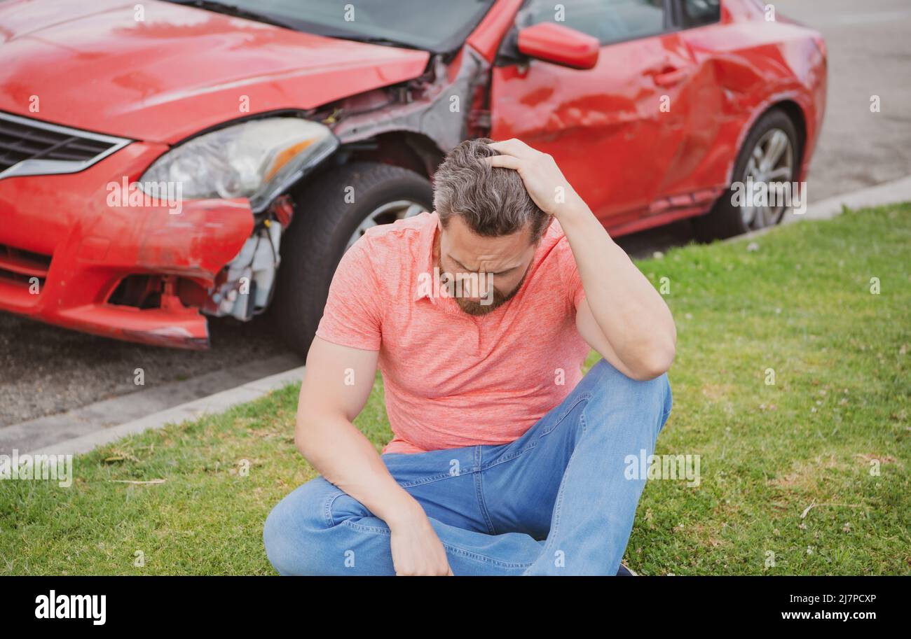 The assistance car broke down, driver shocked. Car insurance. Road trip