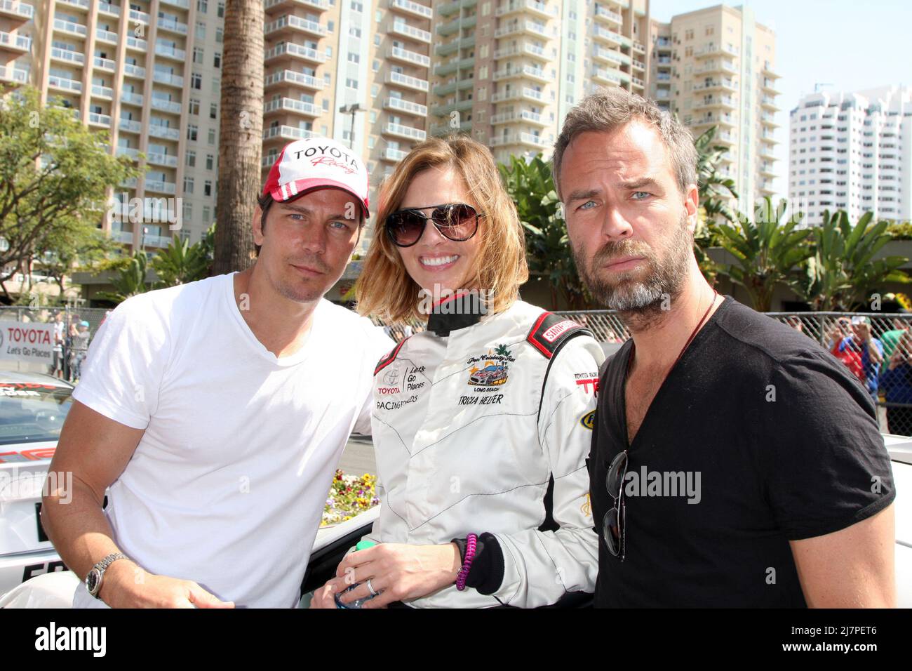 LOS ANGELES - APR 12: Michael Trucco, Tricia Helfer, JR Bourne at the