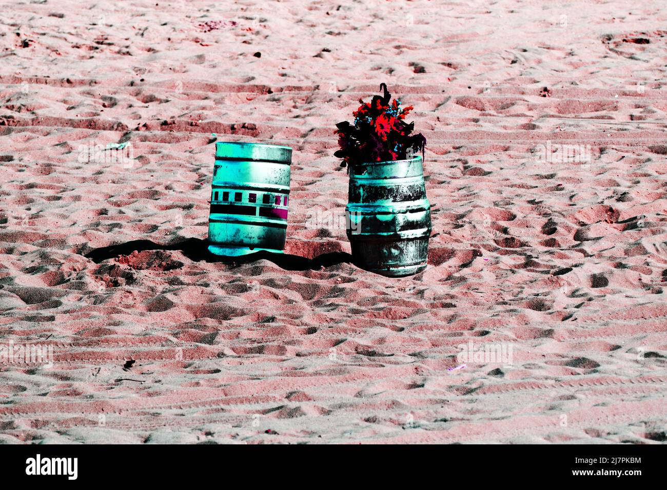 TOGA PARTY: Two beer kegs one with flowers on it stand in the middle of Long Branch beach in New Jersey. Stock Photo