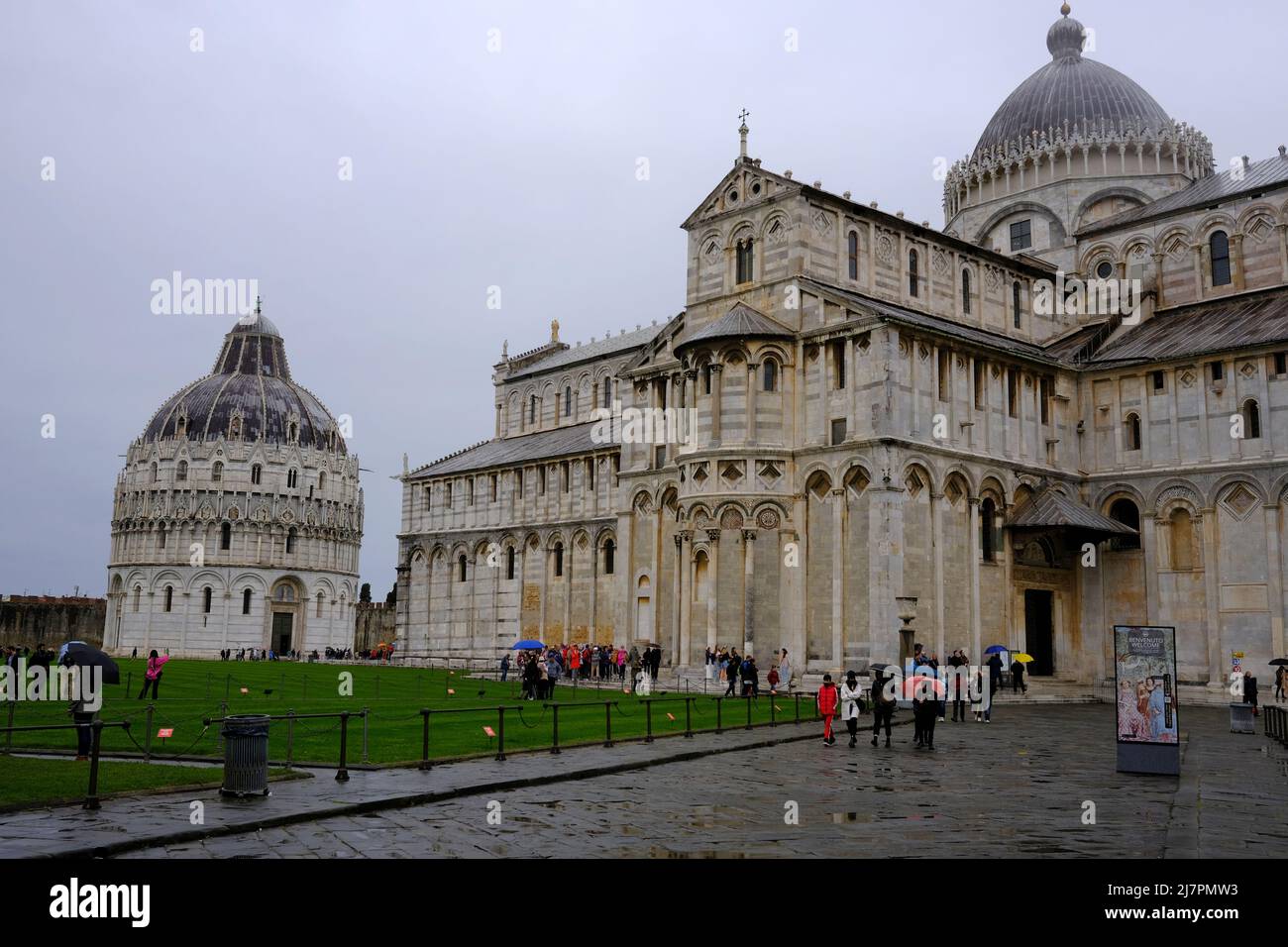 Visiting the Piazza dei Miracoli in Pisa, Italy on a cloudy day Stock Photo