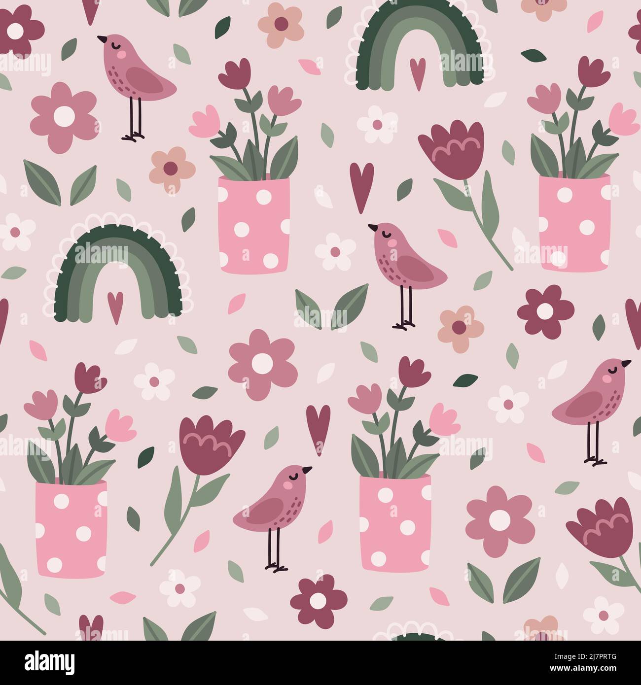 Potted flowers, birds and rainbow pattern Stock Vector