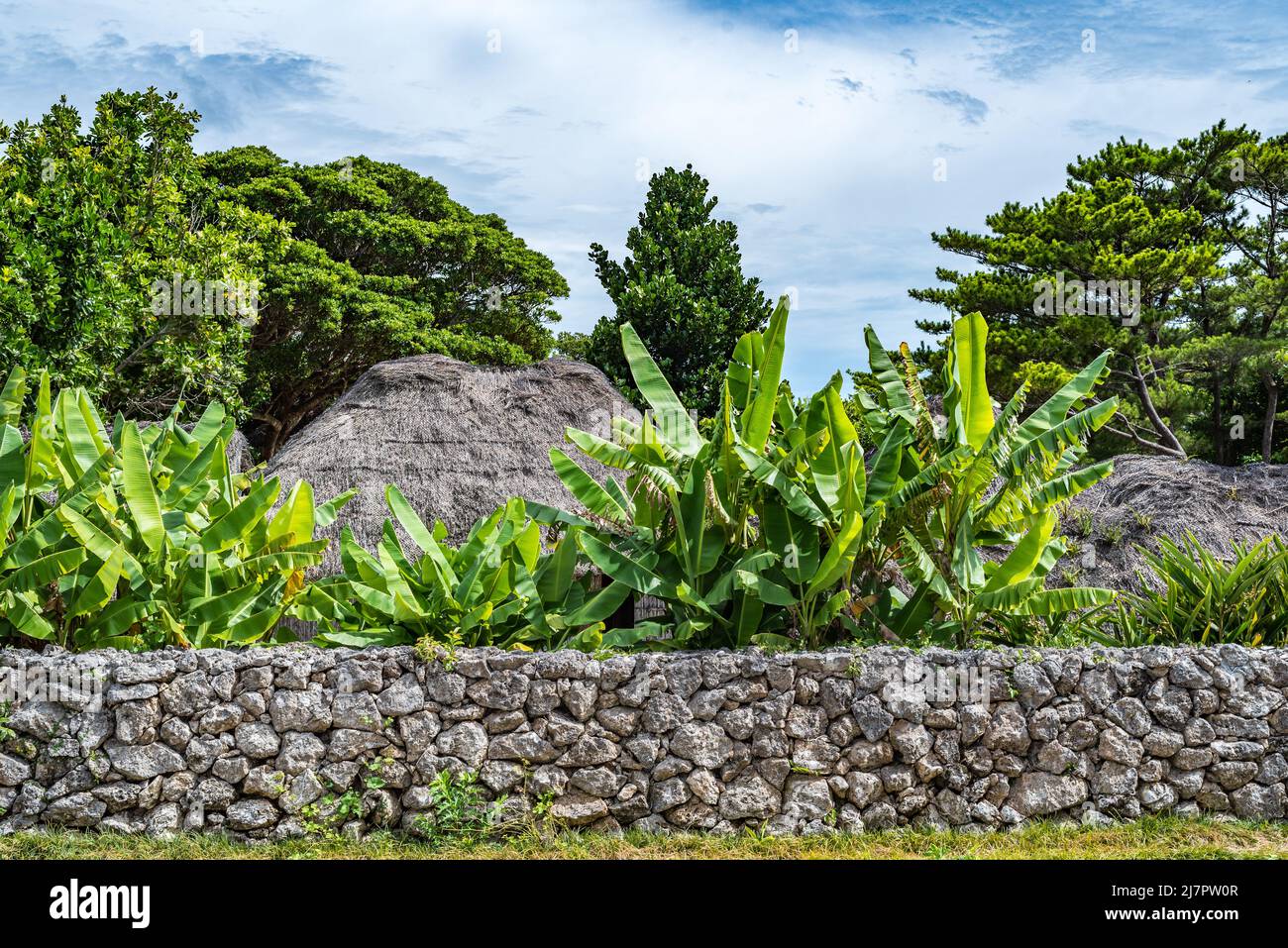 Traditional Thatched Roof Okinawan House in Ocean Expo Park in Okinawa Stock Photo