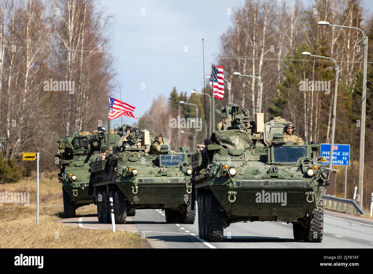 U.S. Army Capt. Denis Majewski, Outlaw Troop Commander assigned to 4th Squadron, 2d Cavalry Regiment, leads his convoy in a tactical road march from Niinisalo Training Area, Finland, May 8, 2022. Exercise Arrow is an annual, pre-planned, multinational exercise taking place in Finland, where visiting forces to include the U.S., U.K., Latvia, and Estonia, train together with the Finnish Defense Forces in high intensity force-on-force engagements and a live fire exercise with the purpose of increasing military readiness and developing interoperability among participating partner nations. (U.S. Ar Stock Photo