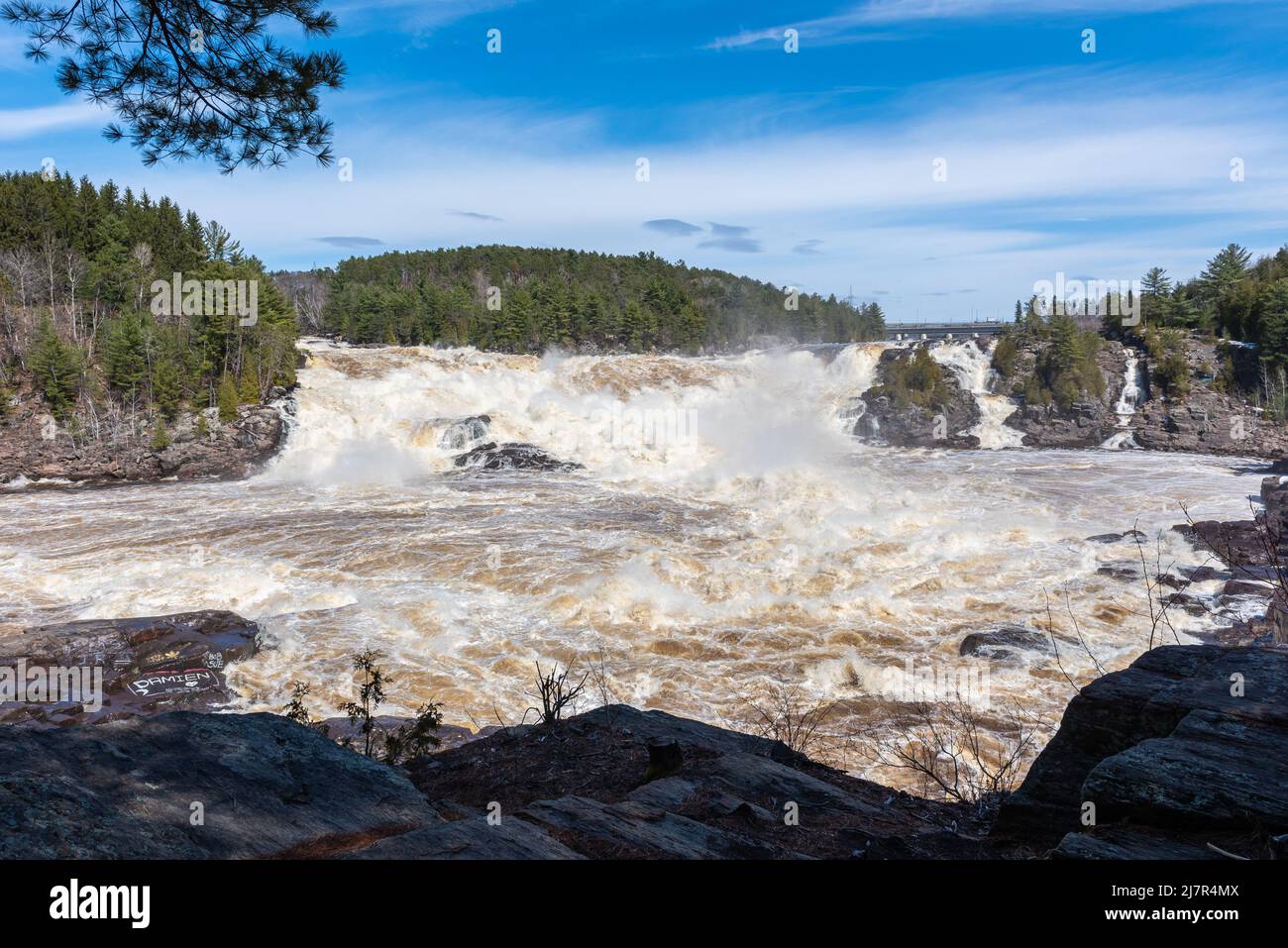 The St Maurice river at the Shawinigan devil’s hole during the spring floods, Quebec, Canada Stock Photo