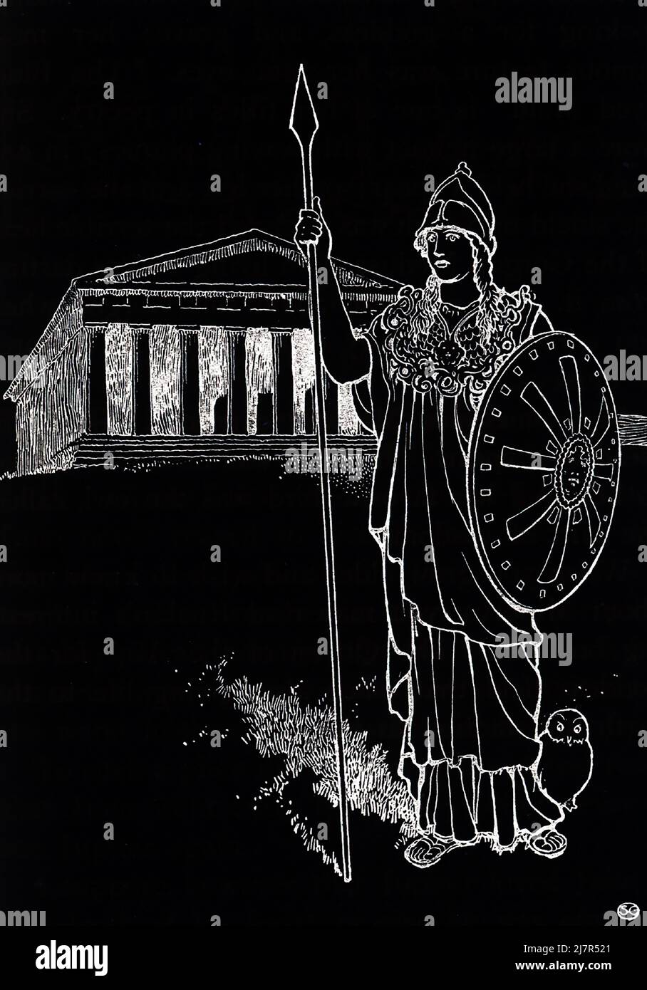 In Greek and Roman mythology, Athena, also spelled Athene, was the Olympian goddess of wisdom and good counsel, war, the defense of towns, heroic endeavor, weaving, pottery and various other crafts. Her symbol was the owl. She was depicted as a stately woman armed with a shield and spear, and wearing a long robe, crested helm, and the famed aigis—a snake-trimmed cape adorned with the monstrous visage of the Gorgon Medusa Stock Photo