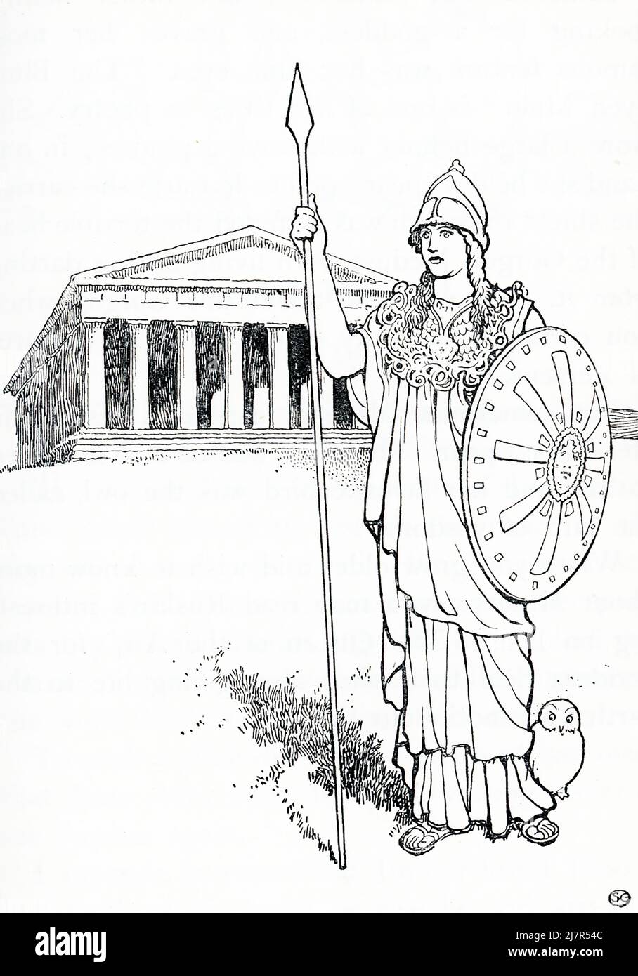In Greek and Roman mythology, Athena, also spelled Athene, was the Olympian goddess of wisdom and good counsel, war, the defense of towns, heroic endeavor, weaving, pottery and various other crafts. Her symbol was the owl. She was depicted as a stately woman armed with a shield and spear, and wearing a long robe, crested helm, and the famed aigis—a snake-trimmed cape adorned with the monstrous visage of the Gorgon Medusa Stock Photo