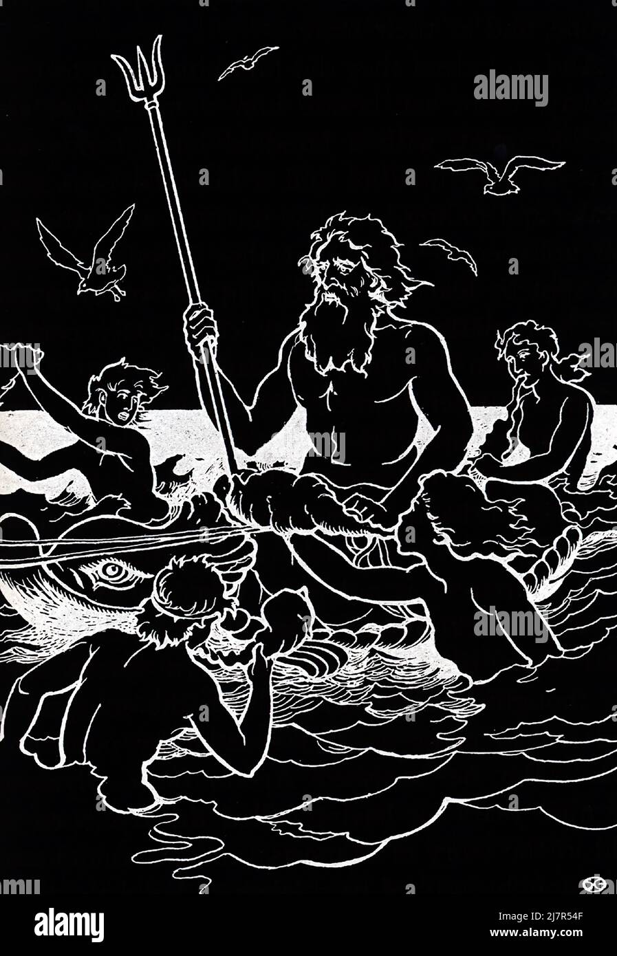 In ancient Roman mythology, Neptune was the god of the sea. To the ancient Greeks, he was Poseidon. He is often shown with long hair and sporting a bearded, as well as holding a trident, a three-pronged spear that is used for fishing and that is often associated with this god. Stock Photo