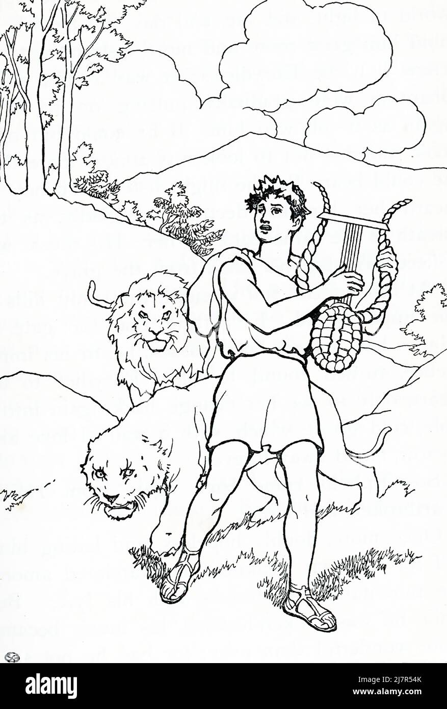 In Greek mythology, Orpheus was a famed Thracian bard whose lyre music charmed even the wildest of animals (seen here) and even plants, trees, and rocks. The son of the Muse Calliope, he married the nymph Eurydice after taking part in the Argonaut expedition. According to Greek mythology, after a snake killed her, Orpheus went to Hades (the Underworld) to fetch her. Charmed by his music, the gods freed her, but on the condition that he not look at her until he reached the upper world. As he neared the upper world, he looked back and, as a result, she vanished from his grasp back to the Underwo Stock Photo