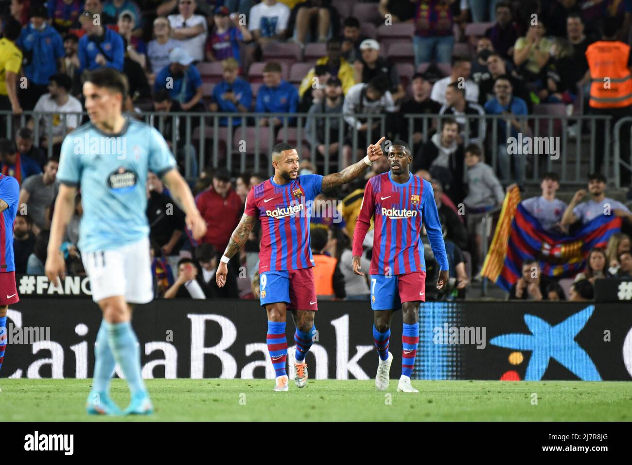BARCELONA, SPAIN - MAY 10: Memphis Depay of FC Barcelona celebrates after scoring a goal during La Liga match between FC Barcelona and RC Celta de Vigo at Camp Nou on May 10, 2022 in Barcelona, SPAIN. (Photo by Sara Aribo/PxImages) Stock Photo