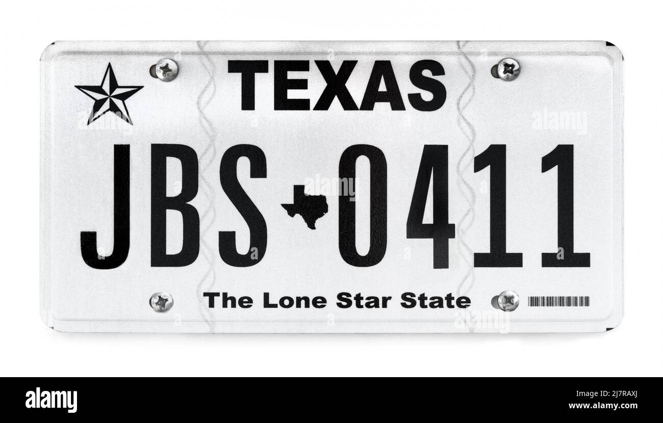 Texas license plate; vehicle registration number. Texas number plate. The Lone Star State license plate. Texas numberplate. US-TX.TX USA. Stock Photo