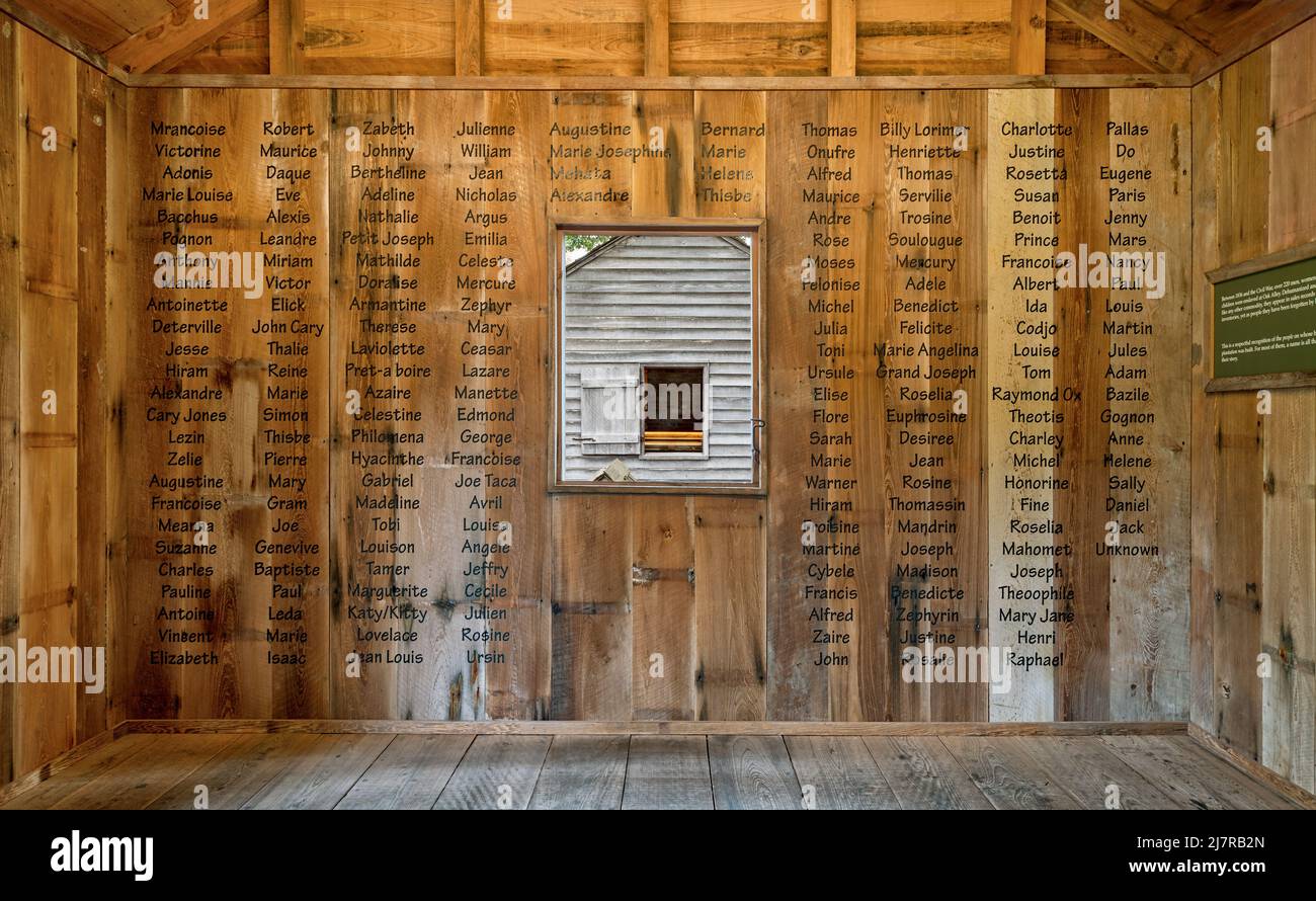 Oak Alley Plantation Slave Quarters with names of enslaved people, slaves written on the wall. Stock Photo